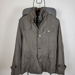 ChouYatou Men's Grey Full Zip Long Sleeve Button Front Pea Coat Jacket Size M